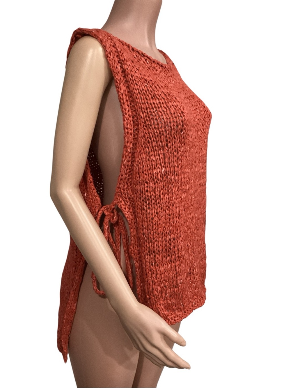 Zara Open Knit Sleeveless Sweater Tank Burnt Orange Hi Lo Side Ties size Small